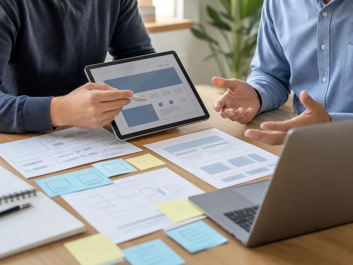 Beratungsgespräch mit Tablet und Website-Wireframes auf einem Besprechungstisch